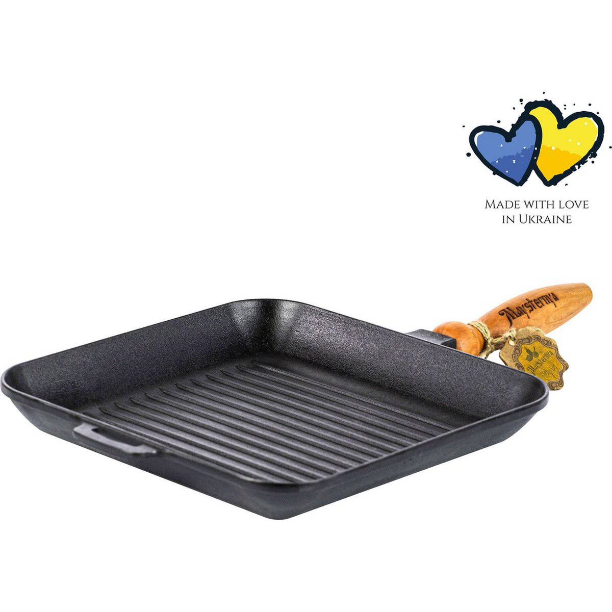 Maysternya Gietijzeren Grillpan vierkant met houten handvat - 28 x 28 x 4 cm