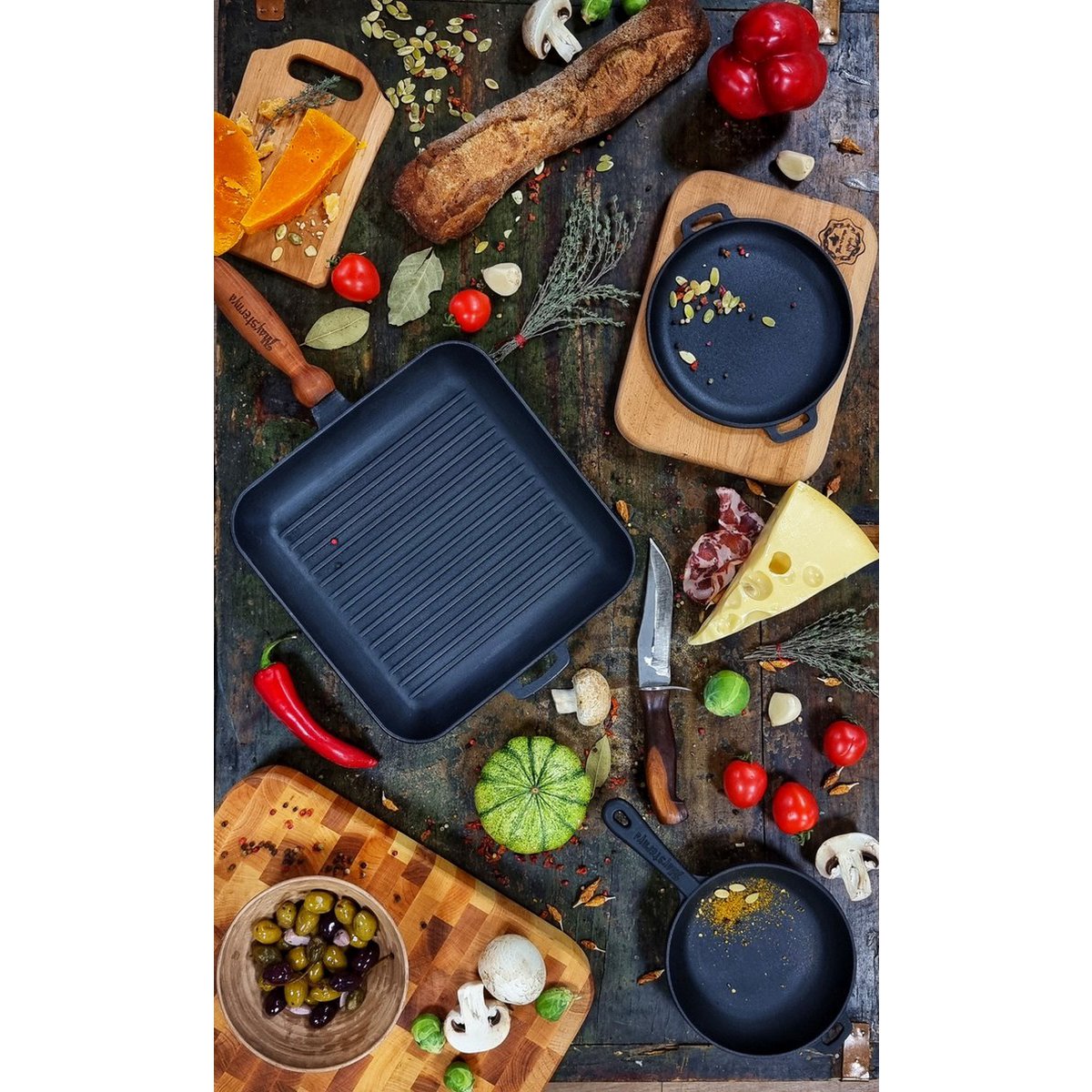 Maysternya Gietijzeren Grillpan vierkant met houten handvat - 28 x 28 x 4 cm