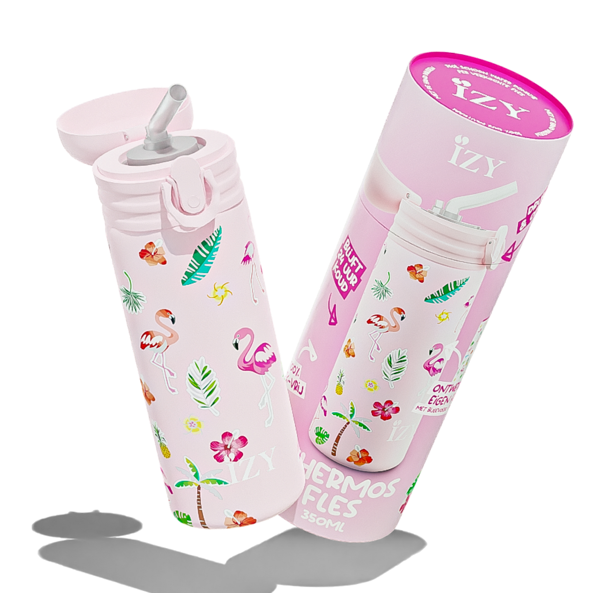 IZY Kids Thermofles - Roze Flamingo | 350ML Kinderdrinkfles - Ontwerp je Eigen Fles