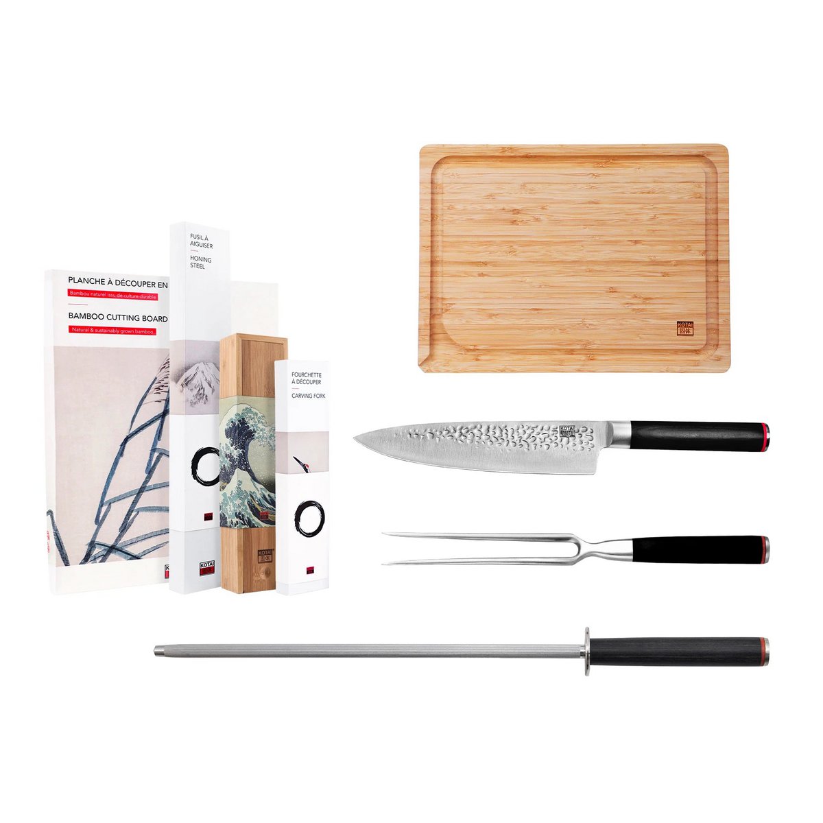 Kotai BBQ Set Deluxe – Koksmes, Vleesvork, Aanzetstaal & Snijplank - Geleverd in een Luxe bamboe geschenkverpakking
