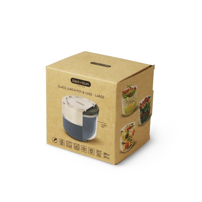 Black+Blum Glazen Lunchbox Pot 600 ml Grijs – Lekvrij, Duurzaam & Moderne Retrostijl