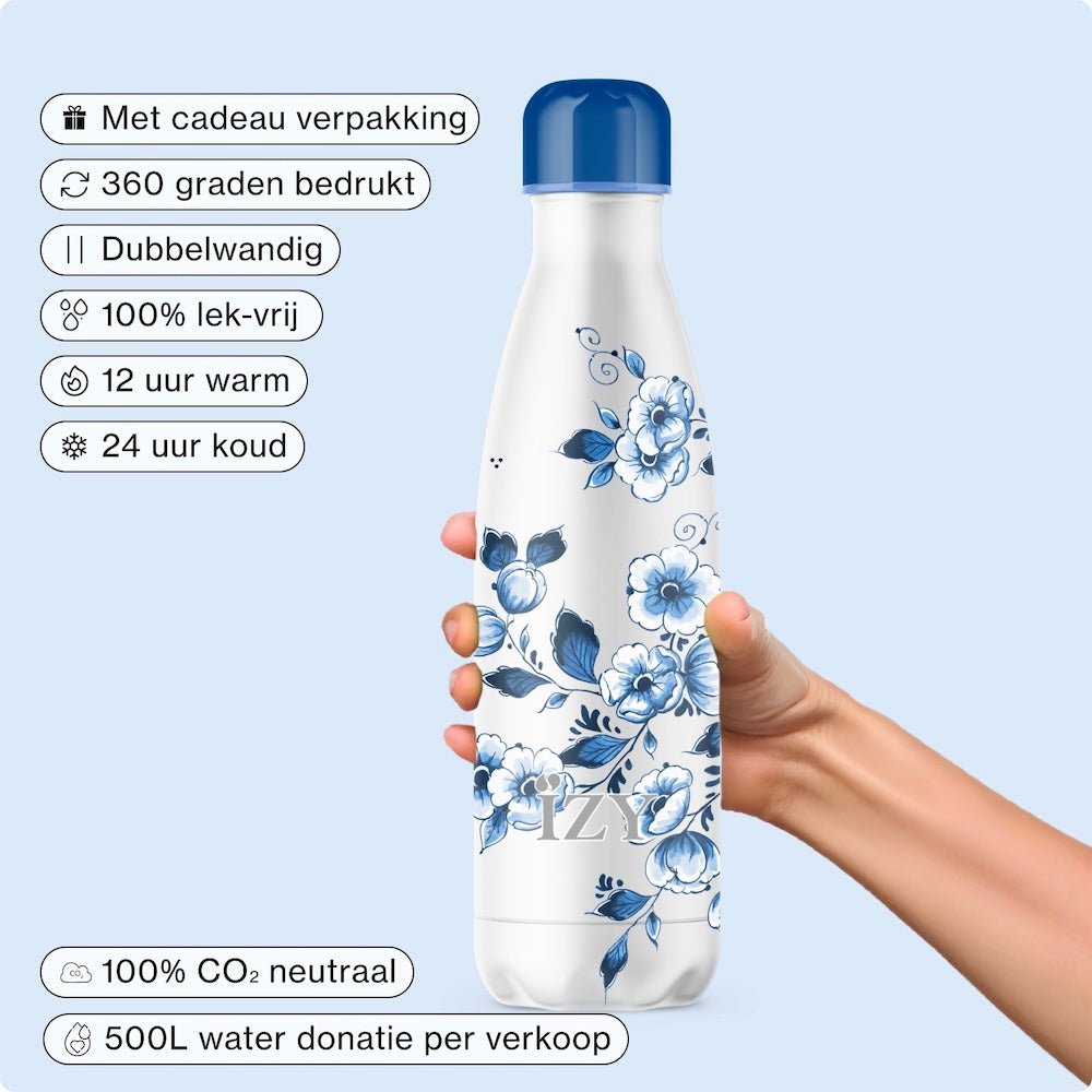 IZY Drinkfles - Blossom | Luxe Thermofles 500ML - Heinen Delfts Blauw Collectie